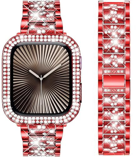 DEALELE Cinturino compatibile con iWatch 40 mm 44 mm, con strass brillanti in metallo, con cover di ricambio per Apple Watch Series 6, 5, 4, SE, da donna, uomo, rosso, 44 mm