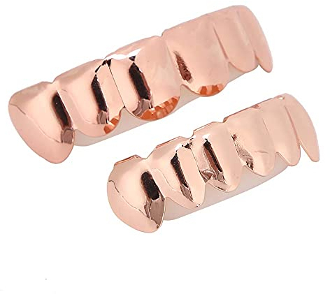 Gold Silber Zähne für Männer Frauen, Hip Hop Silber Gold Grills für Ihre Zähne Oben und Unten, Rapper Kostüm Zähne Schmuck Zubehör (Glänzendes Roségold-Set (echte