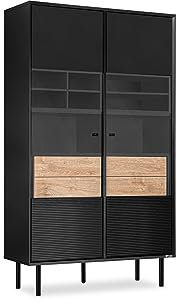 Konsimo Lofty Vitrinenschrank mit Regalen und Türenn 101,5x41x174cm - Glasvitrine für Wohnzimmer oder Schlafzimmer - Wohnzimmerschrank aus Holz mit Rillen - Vitrine Schwarz - Version 15