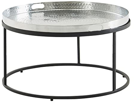KADIMA DESIGN Wohnzimmertisch Hammerschlag Metall 62x62x36 cm | Couchtisch Rund | Sofatisch Aluminium Silber Schwarz | Abnehmbares Tablett | Beistelltisch Modern | Tabletttisch Wohnzimmer
