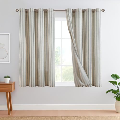 TOPICK Leinen Gestreifte Vorhänge Schwarz Streifen Gardinen mit Ösen Ticking Streifen Muster Leinenoptik Vorhänge Lichtfilterung für Wohnzimmer Nadelstreifen Gardine Blickdicht 2 Stück H145xB130cm