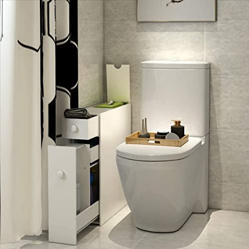 Slim White Wooden Free Standing Portable Bathroom Cabinet Organiser Storage Shelf Unit Toilet Washroom