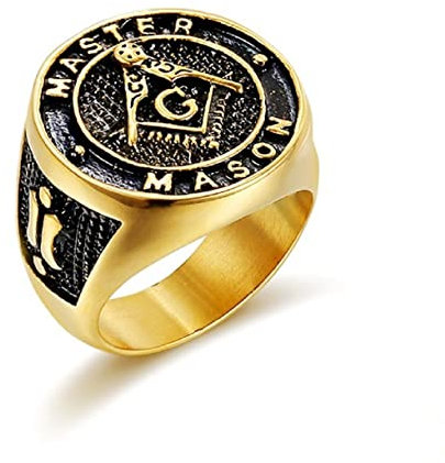 Freimaurer-Meister-Maurer-Ring, Freimaurer-Biker-Ring für Männer, Vergoldeter Freimaurer-Symbol-Ring Kompass Freimaurer-Schmuck, Quadratischer Kompass Freimaurer-Ring Religiöser Amulett-Ring (18.9)