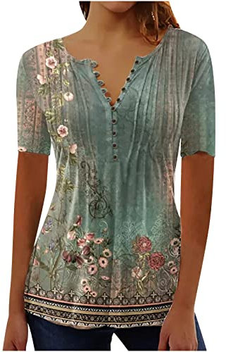 AMhomely Women Shirts Blouse Sale Clearance Elegant Vinatge Button Blouse Floral Print Tunic Tops Short Sleeve V Neck Teen Lightweight Breathable Sportawear Activewear Undershirts, Army Green 6