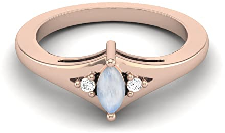 925er Sterling Silber 0,15 ct. Marquise-förmiger Mondstein-Edelstein mit drei Steinen, zierlicher Damen-Ring zur Jahrestags-Hochzeit (Roségold Vermeil, 58)