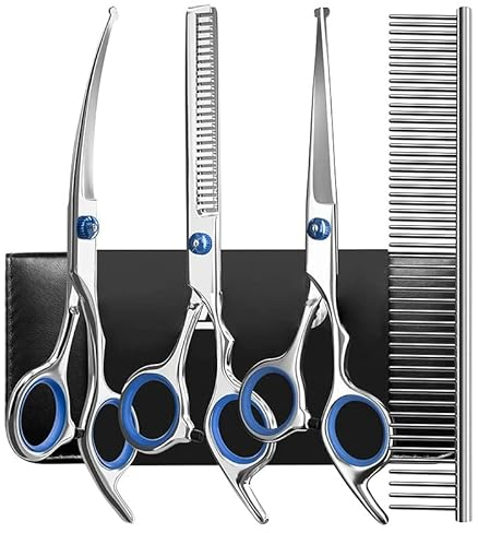 Hundeschere Fellschere Hunde, 6 Zoll Profi Hunde Schere Hundepflege Set aus Edelstahl mit Runder Sicherheitsspitze, 5 in1 Haustierschere für Hundehaare Inkl Ausdünnen, Gerade, Gebogene Schere