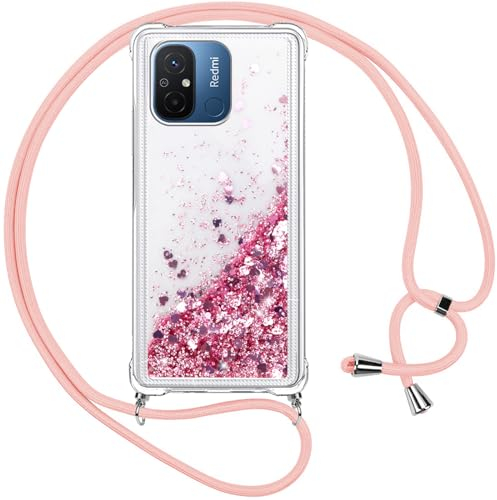Vauki Coque pour Xiaomi Redmi 12C avec Cordon, Paillette Liquide Transparent Crystal Glitter Housse, Protection Antichoc Silicone Souple TPU Bumper Case,Réglable Collier pour Redmi 12C, Rose