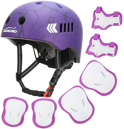 Kamugo Equipo de Protección Ajustable para Niños - Casco, Rodilleras, Coderas, Guantes, Compatible con Bicicleta, Skateboard, monopatín y Otros Deportes Extremos (Fibra de Carbono Morada)