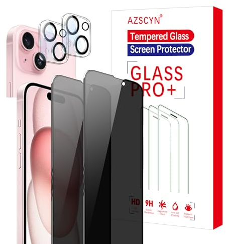 AZSCYN Sichtschutz Schutzfolie für iPhone 15 Schutz Glas Sichtschutz Privacy Zubehör 2 Stück Kameraschutz 2 Stück, 9H Härte, Anti Spy, Kratzfest, Anti-Fingerprint blasenfrei (iPhone 15)