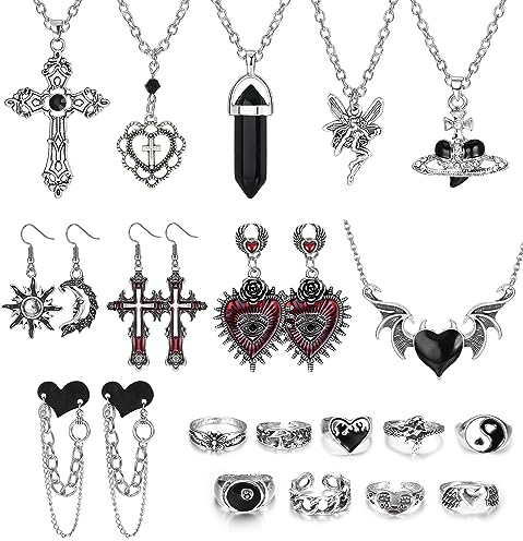 Kakonia 19 Stück Grunge Gothic Schmuck Set - Halskette, Dangle Herz Ohrringe, Vintage Goth Ring, Y2k Saturn Anhänger, Stackable Knuckle Ring - Emo Alt Accessoires für Frauen und Männer