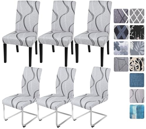 Alishomtll Stretch Stuhlhussen 4er/6er Set Grau Stuhlbezug Schwingstuhl Elastische Hussen Abnehmbarer Waschbarer Stühle Schutz für Esszimmer Restaurant Hotel Bankett Hochzeit (Grau Wellung, 6 Stück)