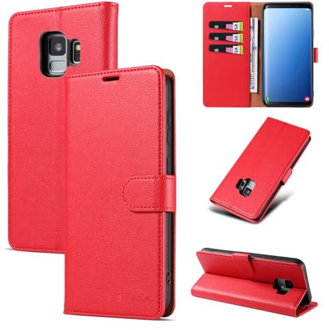 STAWLKA Case for Samsung Galaxy S9, Premium PU Leather Flip Magnetic Buckle Wallet Case Kickstand Blocking RFID Shockproof Protective Phone Cover for Samsung Galaxy S9 - Red