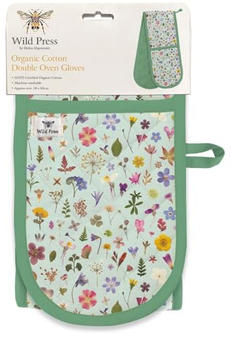 Double Oven Gloves - Organic Cotton - Floral Design - Pressed Flowers Mint Meadow - Stylish Kitchenware