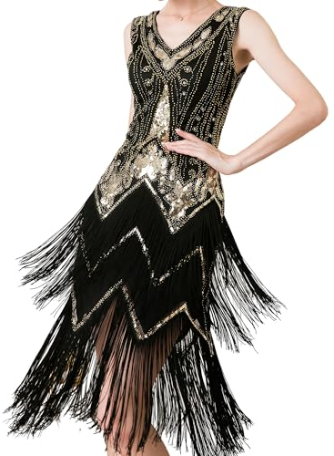MUNAFIE 20er Jahre Kleid Pailettenkleider Fransenkleid V-Ausschnitt Glitzer Kleid für Damen 1920er Gatsby Charleston Flapper Party Kleider Kostüm Damen Schwarz/Gold-L