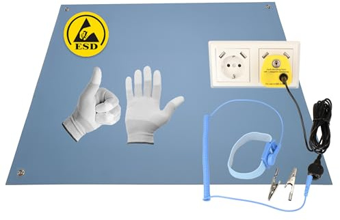 Minadax 60 x 40cm BLAU Antistatik ESD Computer Matte Tischmatte „Premiumqualität“ inkl. Manschette + 2,4m Verlängerung + ESD Erdungs-Stecker + Handschuh