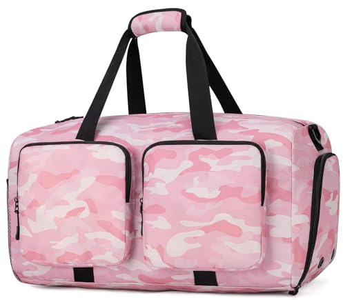 GreenTaya 40L Sporttasche mit Schuhfach für Damen und Herren Wasserdicht Reisetasche groß Schwimmtasche Weekender Fitness Gym Tasche Trainingstasche(Rosa Camouflage)