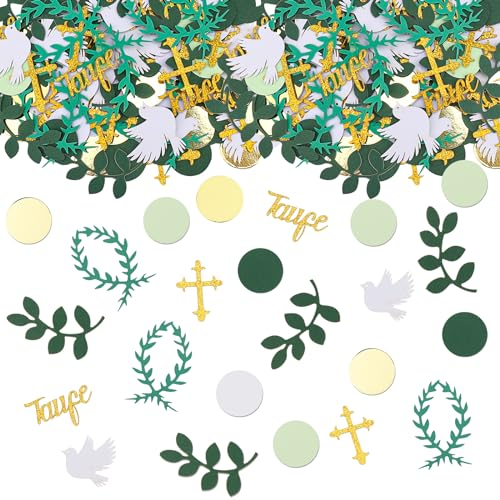 GoldRock 200 Stk Tischdeko Taufe Deko Konfetti Groß,Taube Deko Taufe Mädchen Junge,Kreuz Streudeko Taufe Grün,Taufdeko Confetti für Erstkommunion, Firmung, Konfirmation, Babyparty,Babyshowerparty Deko