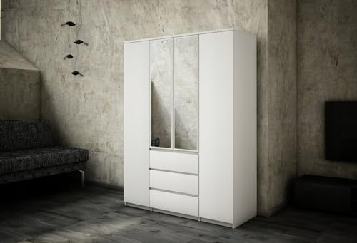roe furniture Kleiderschrank mit Spiegel Schrank mit Schubladen - Flurgarderobe - Garderobe - Schrank Schlafzimmer - Clothes Rack - Garderobenschrank - Weiß - 154 cm Breite