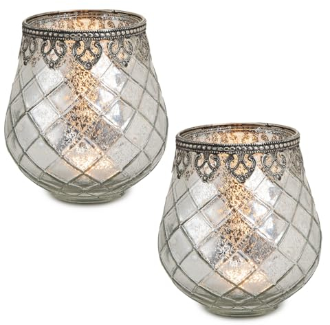 Vintage Kerzengläser Windlichter silber - 2 Moderne Windlichtgläser in 14 cm als Kerzenständer Laterne Teelichthalter - Boho Kerzenhalter Teelichtglas als Hochzeit Tisch-Deko Balkon Garten Deko