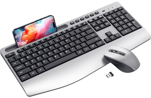 Wireless Keyboard and Mouse Combo,LIZRROT Ergonomic Computer Keyboard with Wrist Rest,2.4GHz Full-Sized Silent Mouse and Keyboard Combo with Phone Holder for Window, Mac, PC, Laptop