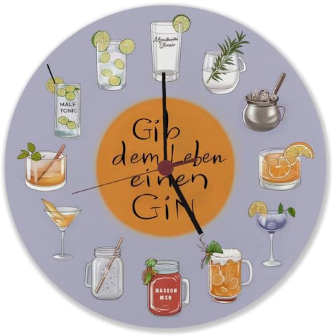 speecheese Gin Tonic Variationen Wanduhr - Gib dem Leben Gin Gin Tonic Variationen Wanduhr Highball-Glas Limettenscheiben Tumbler-Glas Gurkenscheiben Rosmarinzweig Kupferbecher