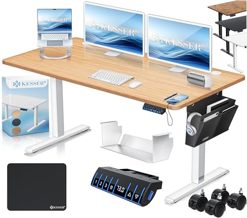 KESSER® höhenverstellbarer Schreibtisch elektrisch 140 x 70 cm, ergonomischer Steh-Sitz Tisch mit 3-Memory-Funktion, Stehtisch für Homeoffice, Inkl. Zubehör, USB-Ladeanschluss & 360° Rollen, Beige