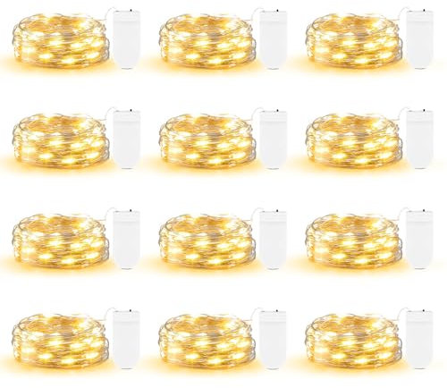 DBFAIRY 12 Pack Mini Lichterkette mit Batterie, 2M 20 LED Micro Lichterkette Silberdraht, Kleine Lichterketten Wasserdicht für DIY Party Hochzeit Garten Weihnachten Beleuchtung Deko (Warmweiß)