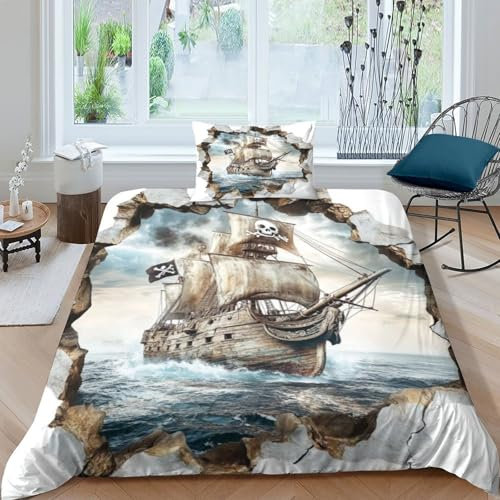 ZYGAOKDD Bettbezug-Set Mit Kissenbezug Pirate Ship Bettbezug, 3D-Bettwäsche-Set Für Kinder, Mädchen, Teenager Single（135x200cm）