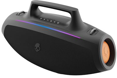 Skullcandy Barrel Wireless Bluetooth Portable Boombox Party Speaker, IPX5 Water-Resistant, 12 Hour Battery, True Wireless Stereo with LED Light Show and Carrying Strap - Black
