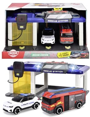 Dickie Toys 203716026018 - Dänische Rettungsstation mit Polizeiauto und Feuerwehrauto - Rettungsstation mit Licht, Sound, Einschließlich Dänisches Polizeiauto und Brandbi, 31 x 22 x 16 cm, Ab 3 Jahren