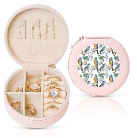 EZDLOWVBA Schmuckkästchen mit Papageien auf Ästen, PU-Leder, Reise-Schmuckkästchen, Mini-Schmuck-Aufbewahrungsbox für Ringe, Ohrringe