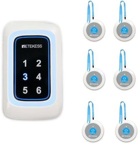 Retekess TH109N Système D'appel d'urgence,Bouton D'appel sans Fil pour Les Personnes Àgées,Portée De Communication 850 Ft, pour Les Situations d'urgence,Alarme Multi-Mode (6 Boutons et 1 récepteur)