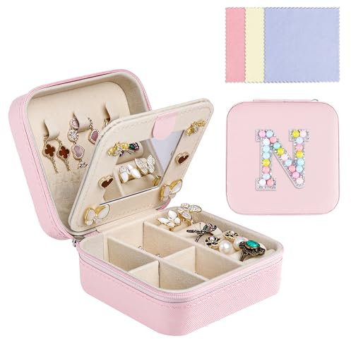 Ghope Schmuckkästchen Reise mit Spiegel, Klein Schmuck-Reiseetui mit initiale Schmuckkasten tragbar Schmuckschatulle Schmuckkoffer Schmucketui Jewelry Box für Damen Mädchen Geschenk