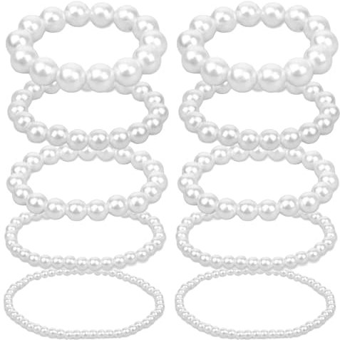 FDJZXW 10 Stück Perlen Armband, Perlenarmband Damen, Elegantes Perlenarmbänder, Für Braut Damen Party Hochzeit, Armband Perlen, Künstlichen Perlen,Perlen Für Armbänder Weiß(5/6/8/10/12 mm)