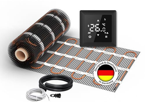 Elektrische Fußbodenheizung für Fliesen: Zweiader-Heizmatte WARMON CLASSIC 150 W/m² mit Thermostat TS 100 Serie Smart WiFi Touch, Thermostat:TS100 WiFi Schwarz, Mattengröße:3,5 m²