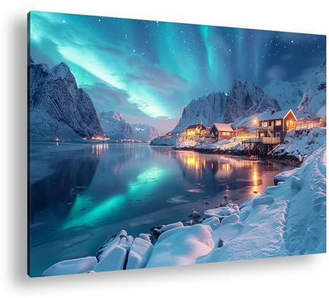 deyoli Nordlichter tanzen über einem friedlichen, verschneiten Fjord. Format: 60x40cm XXL Kunstdruck Motiv auf Holzrahmen/Leinwandbild/Wandbild/Wohnzimmer Dekoration