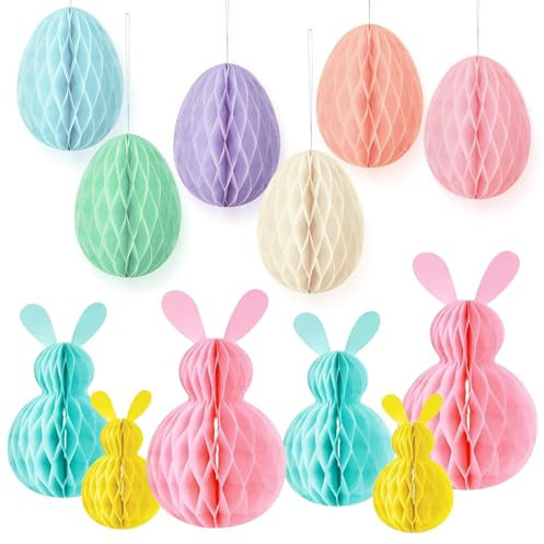 JSTHHTT 12 PCS Easter Hanging Decorations, Easter Decorations, Easter Bunny Egg Paper Honeycomb Ornaments, Easter Bunny Decorations, Easter Tree Decorations
