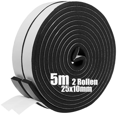 SDLDEER Lot de 2 rouleaux de bande d'étanchéité, autocollante, en caoutchouc mousse, pour fenêtres, joints de porte, isolation phonique, 25 mm (l) x 10 mm (P) x 5 m (L)