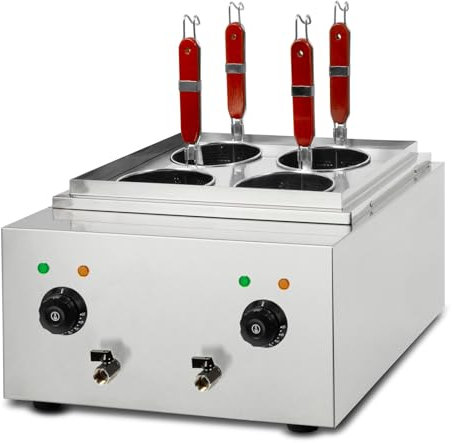 VERTES Gastro Nudelkocher Pastakocher Teigwarenkocher aus Edelstahl, Elektrisch, 2x 1700 Watt, 2 separate Kochbecken zu je 6 Liter, 4 Nudel-Körbe, 2x Ablasshahn, 2x Temperatureinstellung