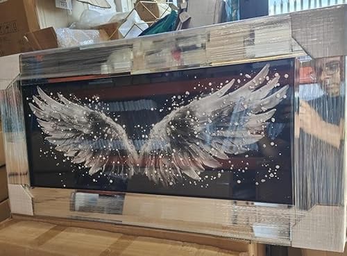 Biznest Angel Wings Glass Picture Liquid Black And White Art Wall Hung Rectangular Shaped Mirrored Frame 3D Glitter Art Deco Style Multicoloured Landscape 85 X 45 Cm (Multcoloured Wings)