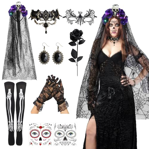 Halloween Kostüm Damen, LED Dia De Los Muertos Haarreif Schleier, Tag der Toten Kostüm Damen, Halloween Haarreif mit Gesichtstattoos, Spitzenhandschuhe, Halloweens Accessoires Karneval Fasching