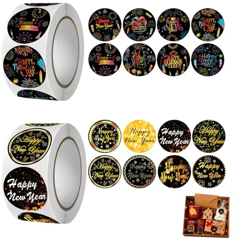 Silvester Deko Aufkleber 1000 Stück Rundetiketten 2,5 cm Frohes Neues Jahr 2026 Schwarz Gold Neujahr Sticker für Geschenkverpackung Karten Umschläge Partydeko