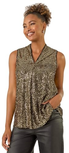 Roman Sequin Front Pleat Vest for Women UK - Ladies Autumn Everyday Winter Holiday V-Neckline Comfy Sleeveless Soft Sparkle Shirt Dinner Date Tops - Gold - Size 20