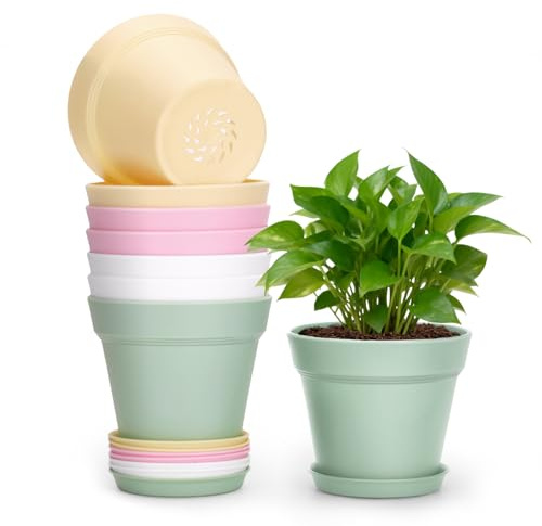 KINGLAKE 8 Pièces 10CM Pots Plastique Plantes Petite, Cache Pot Interieur Exterieur, Pot de Fleur Décoratifs Modernes, avec Plateaux et Trou de Drainage, pour Semis, Succulentes, Herbes -Multicolor