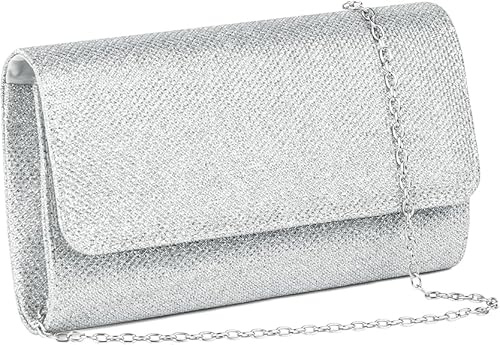 unbholkk Handtasche Damen Klein, Glitzer Clutch, Tasche Mit Klappe Abnehmbarer Kette, Handtasche Damen Geeignet FüR Hochzeit Party, Valentinstag, Muttertag, Weihnachtstag (Silber)