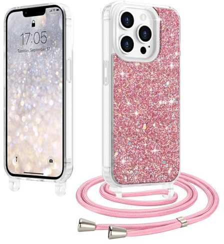 LCHULLE Crossbody Lanyard Case for iPhone 13 Pro Max with Strap, Rose | Adjustable Removable Neck Strap, Sparkle Glitter Phone Cover for Women, Clear TPU Bumper, Shockproof Drop Protection