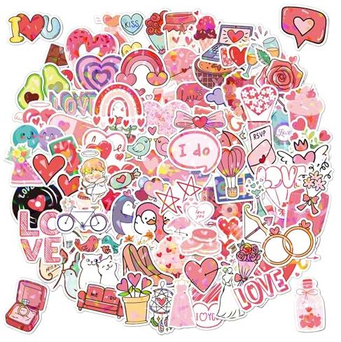 Masper Aufkleber Valentinstag, 100 Einzigartige Sticker Valentinstag, Wasserfeste Holografische Glänzende Vinyl Herz Sticker Liebe für Dekorationen, Bastelarbeiten, Karten, Umschläge, Verpackungen