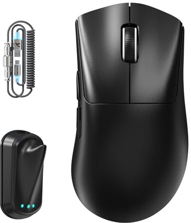 ATTACK SHARK V8 Wireless Gaming Maus mit LED Spiralkabel, Nordic 54L15 Chip, PAW3950MAX, 42000DPI, Dual 8000Hz, 59g Ultraleicht für Große Hände, Hai-Flossen-Dongle Design, 2.4Ghz/BT/Kabel, Schwarz