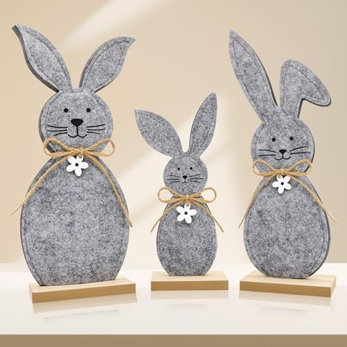 3 Stück Osterhasen Deko Aufsteller, Osterhase Figuren aus Holz und Filz, Osterdeko zum Hinstellen mit Schleife & Blumen, Osterdekoration für Innen, Tisch, Wohnzimmer & Osterparty