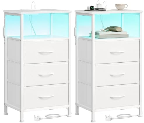 SONGMICS BELLAH Collection - Bedside Table with Charging Station, Side End Table with App-Controlled Adjustable LED Lights, Modern, 1 Shelf, 3 Drawers, Set of 2, Cloud White LGS203W103